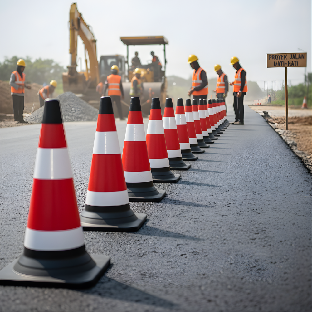 Cone Lalu Lintas Full Hitam 70×37 cm SSBO – Dengan 2 Reflektor Terang, Selimut Lepasan, dan Bahan PVC Tahan Cuaca