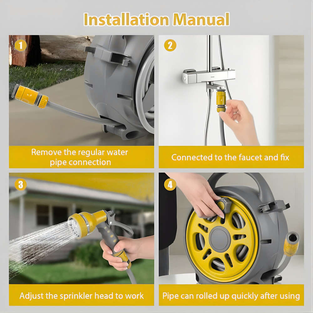 SSBO Selang Air Roll 12 Meter Warna Kuning – Gulung Manual, Dengan Semprotan, Tanpa Stand, Praktis & Fleksibel