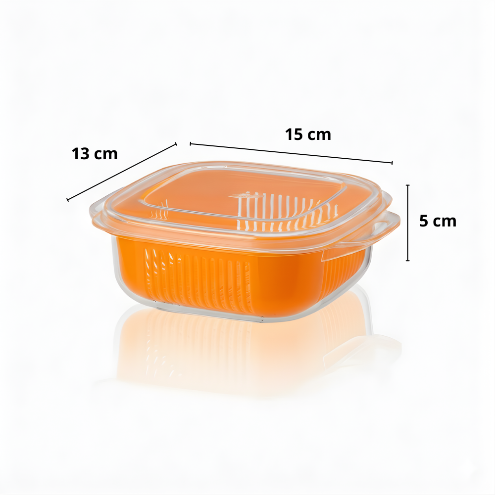 Kotak Penyimpan Makanan Serbaguna dengan Saringan – Warna Orange, Kedap Udara & Praktis (Food Organiser)