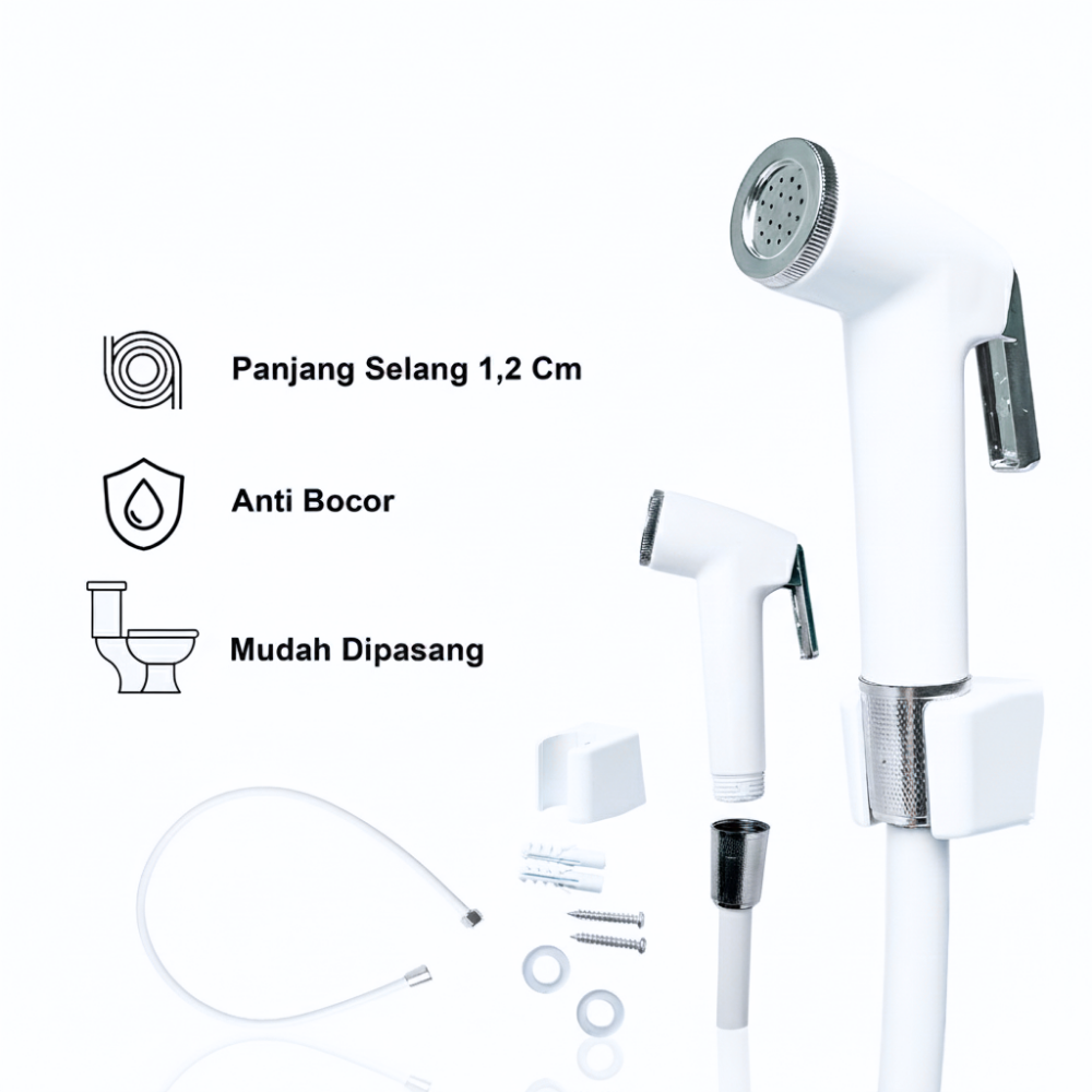 Jet Shower WC SSBO Warna Putih – Konektor ½ Inch, Selang Fleksibel 1.2 m, Anti Bocor, Kuat & Mudah Dipasang