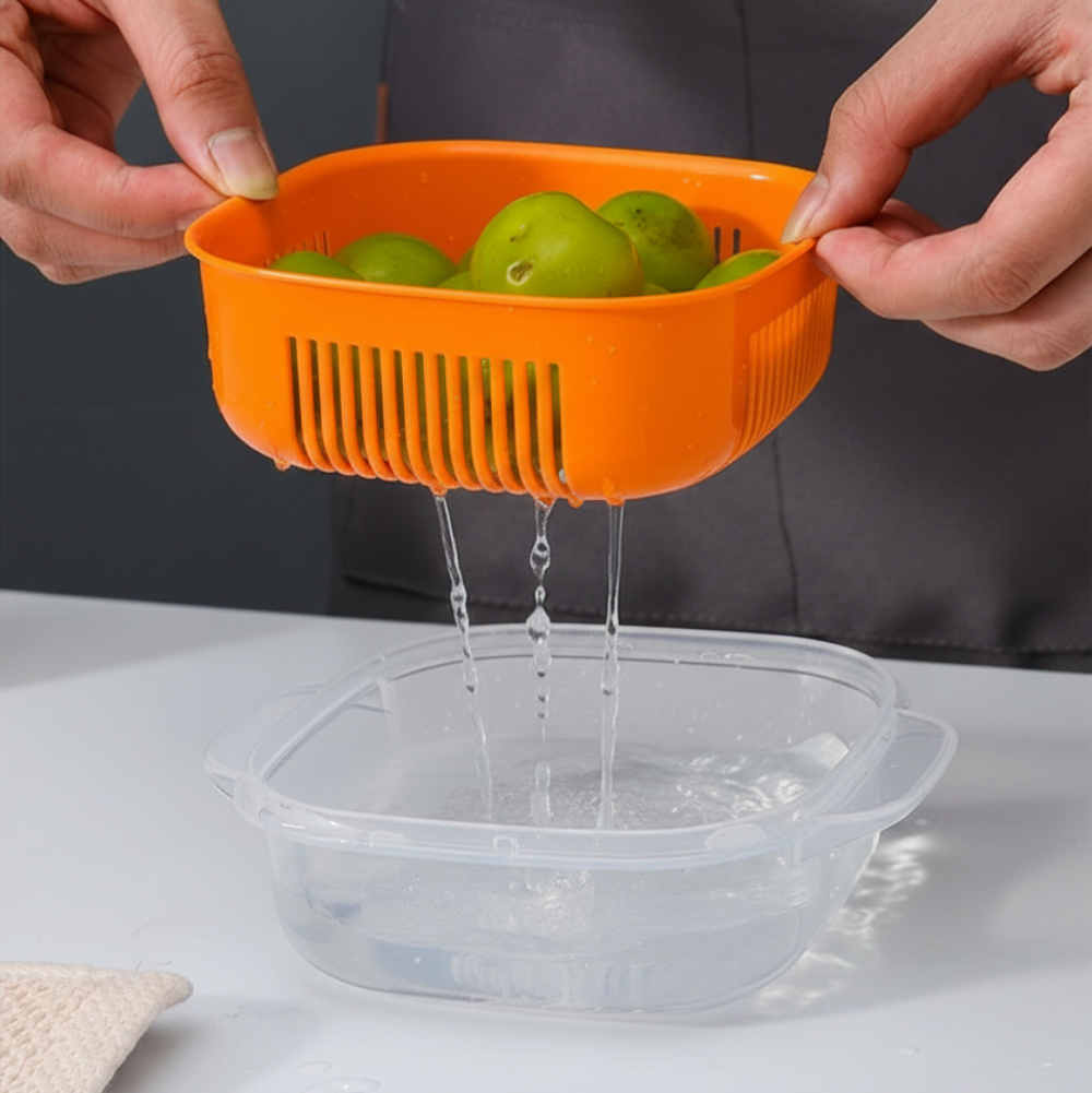 Kotak Penyimpan Makanan Serbaguna dengan Saringan – Warna Orange, Kedap Udara & Praktis (Food Organiser)