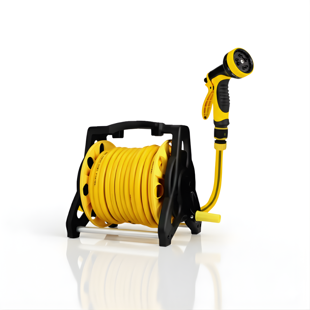 SSBO Selang Air Roll – Warna Kuning, Dengan Stand & Nozzle, Gulung Manual, Praktis & Tahan Lama