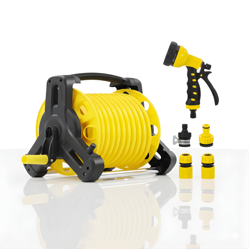 SSBO Selang Air Roll – Warna Kuning, Dengan Stand & Nozzle, Gulung Manual, Praktis & Tahan Lama
