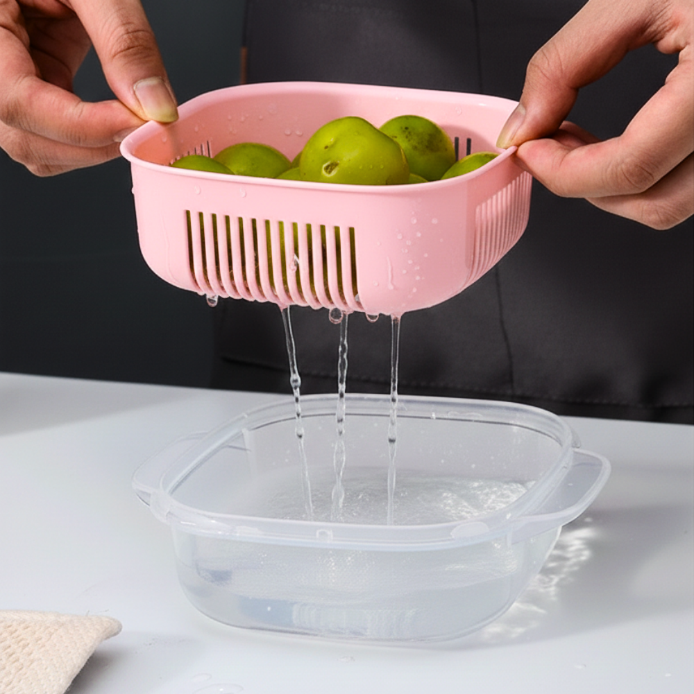 Kotak Penyimpan Makanan Serbaguna dengan Saringan – Warna Pink, Kedap Udara & Praktis (Food Organiser)