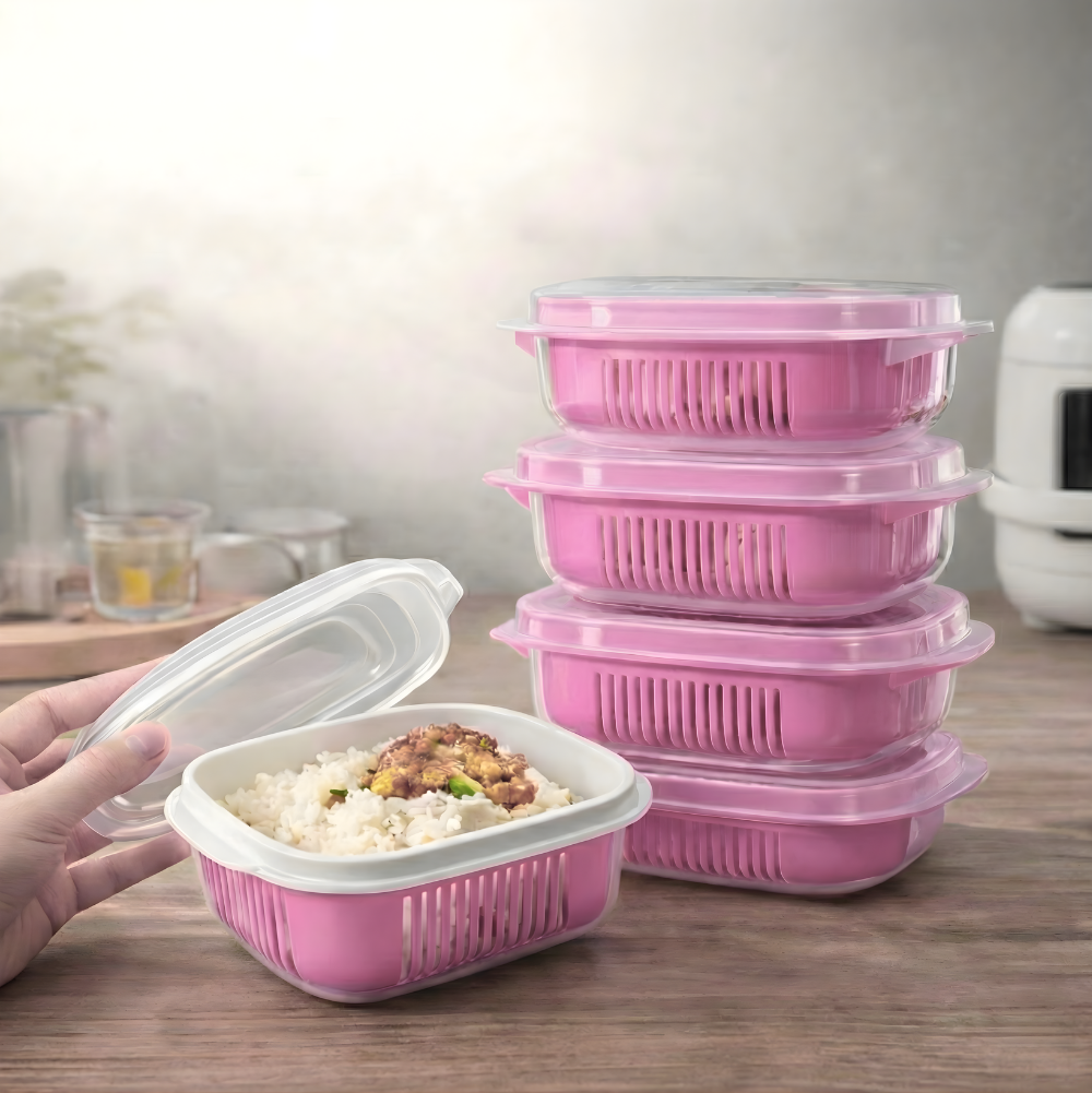 Kotak Penyimpan Makanan Serbaguna dengan Saringan – Warna Pink, Kedap Udara & Praktis (Food Organiser)