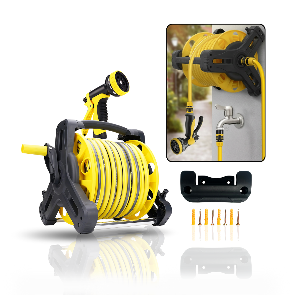 Paket Selang Air Roll Gulung Manual SSBO Warna Kuning – Lengkap dengan Stand, Nozzle & Bracket Gantung