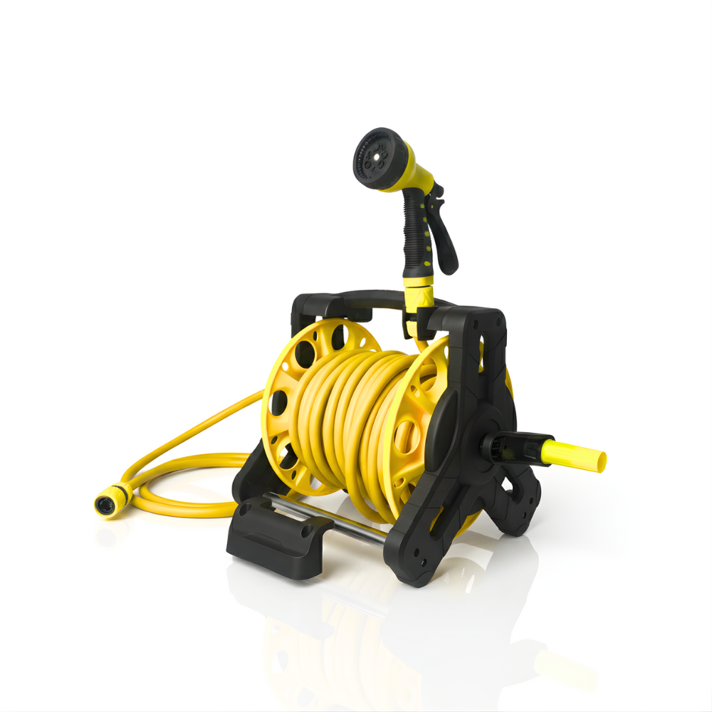 Paket Selang Air Roll Gulung Manual SSBO Warna Kuning – Lengkap dengan Stand, Nozzle & Bracket Gantung