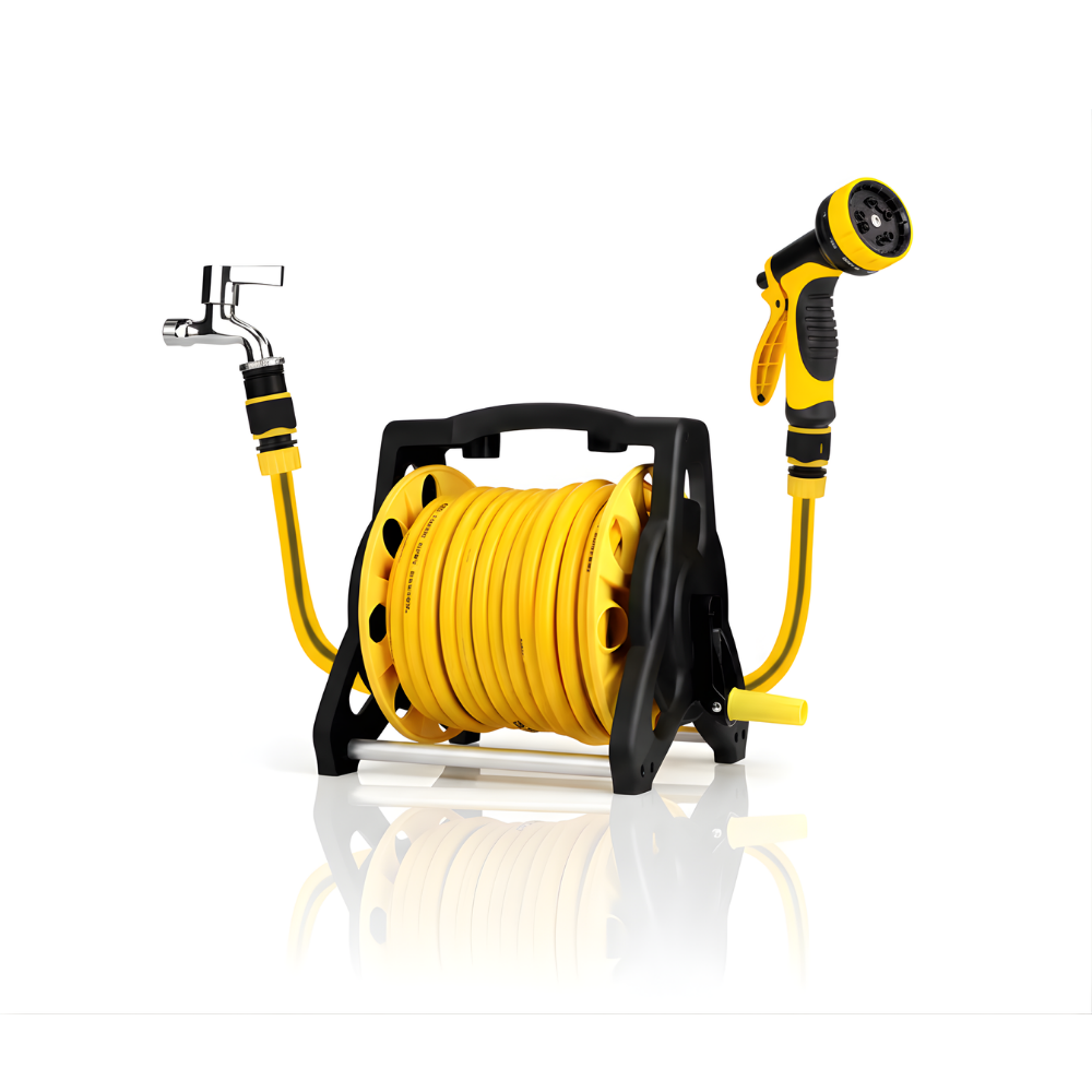 Paket Selang Air Roll Gulung Manual SSBO Warna Kuning – Lengkap dengan Stand, Nozzle & Bracket Gantung