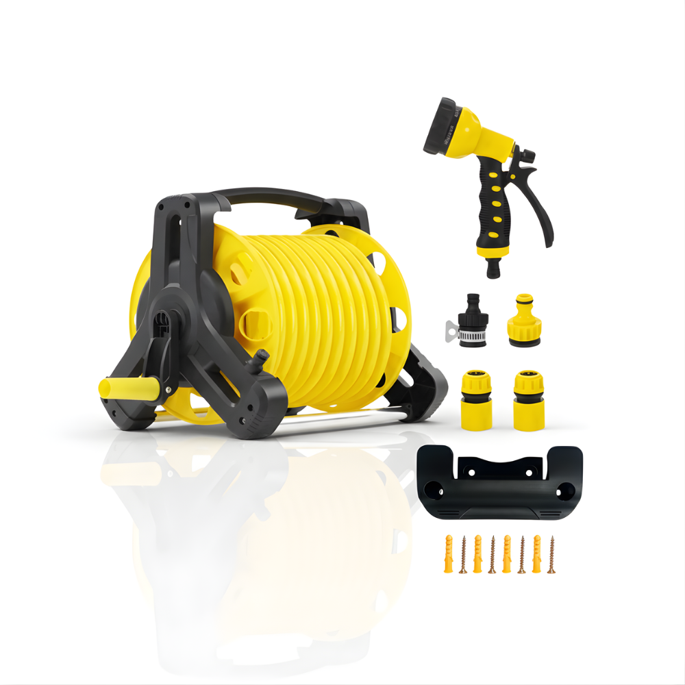 Paket Selang Air Roll Gulung Manual SSBO Warna Kuning – Lengkap dengan Stand, Nozzle & Bracket Gantung