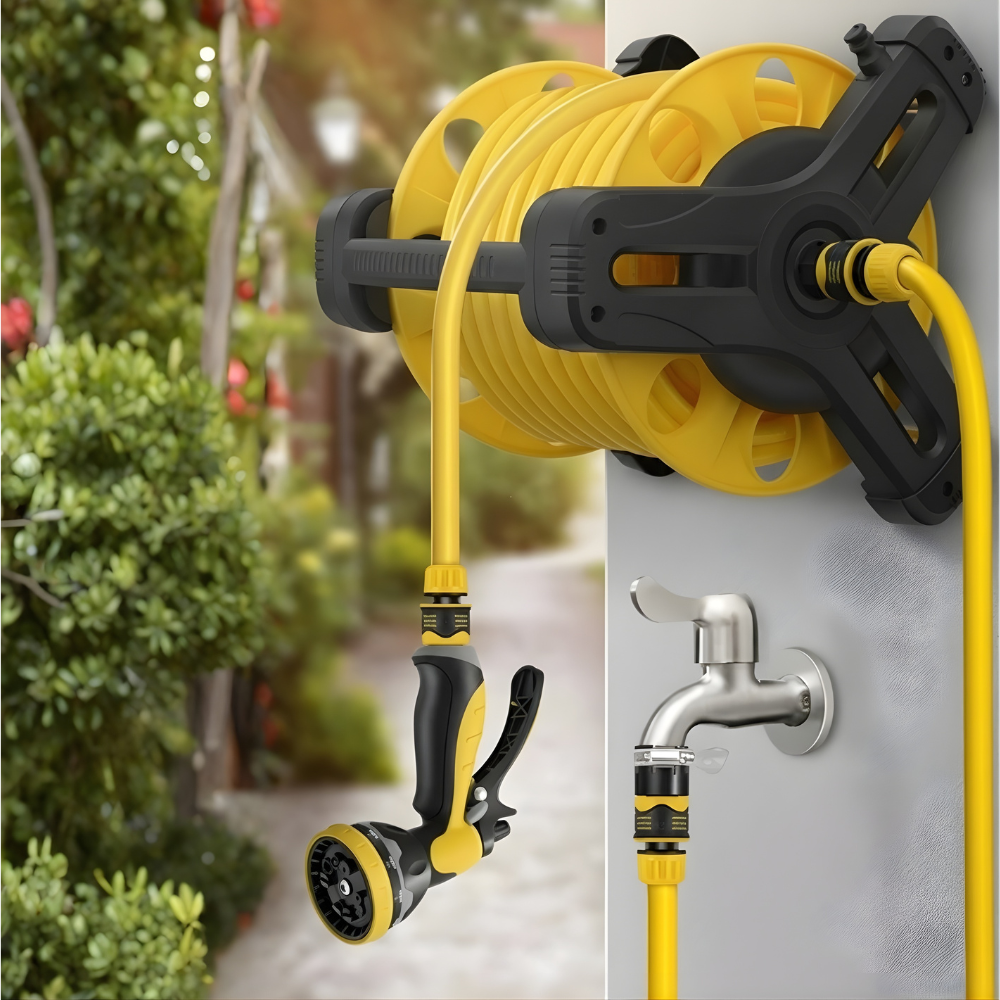 Paket Selang Air Roll Gulung Manual SSBO Warna Kuning – Lengkap dengan Stand, Nozzle & Bracket Gantung