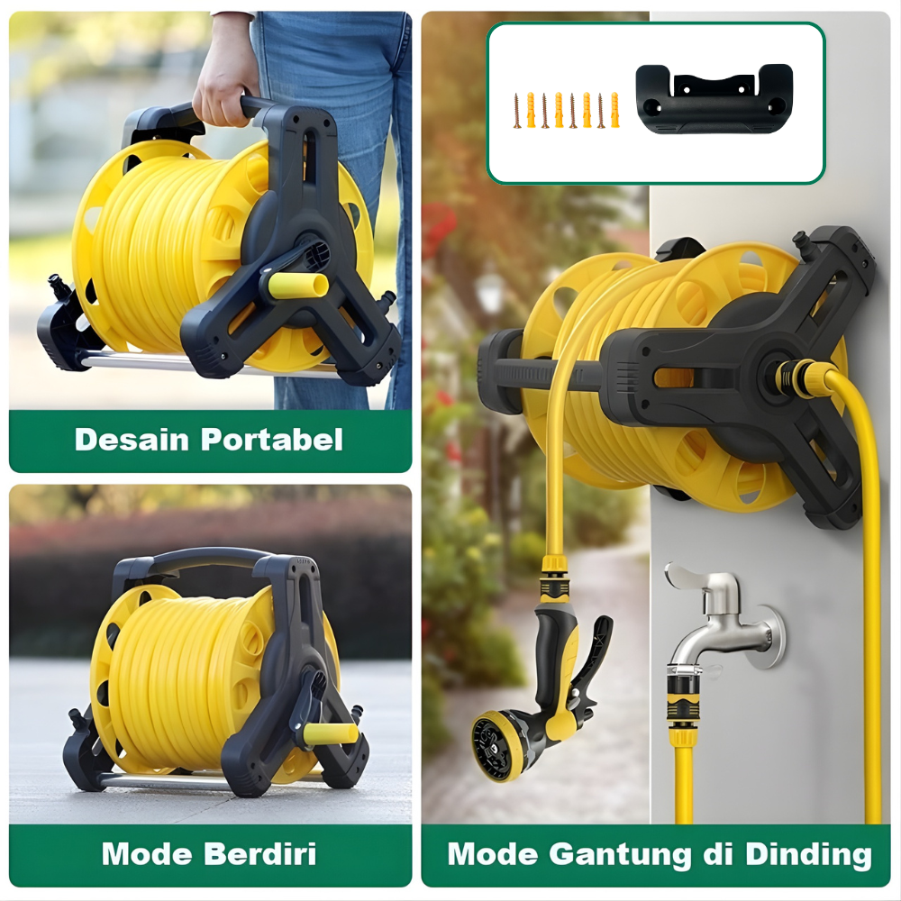 Paket Selang Air Roll Gulung Manual SSBO Warna Kuning – Lengkap dengan Stand, Nozzle & Bracket Gantung