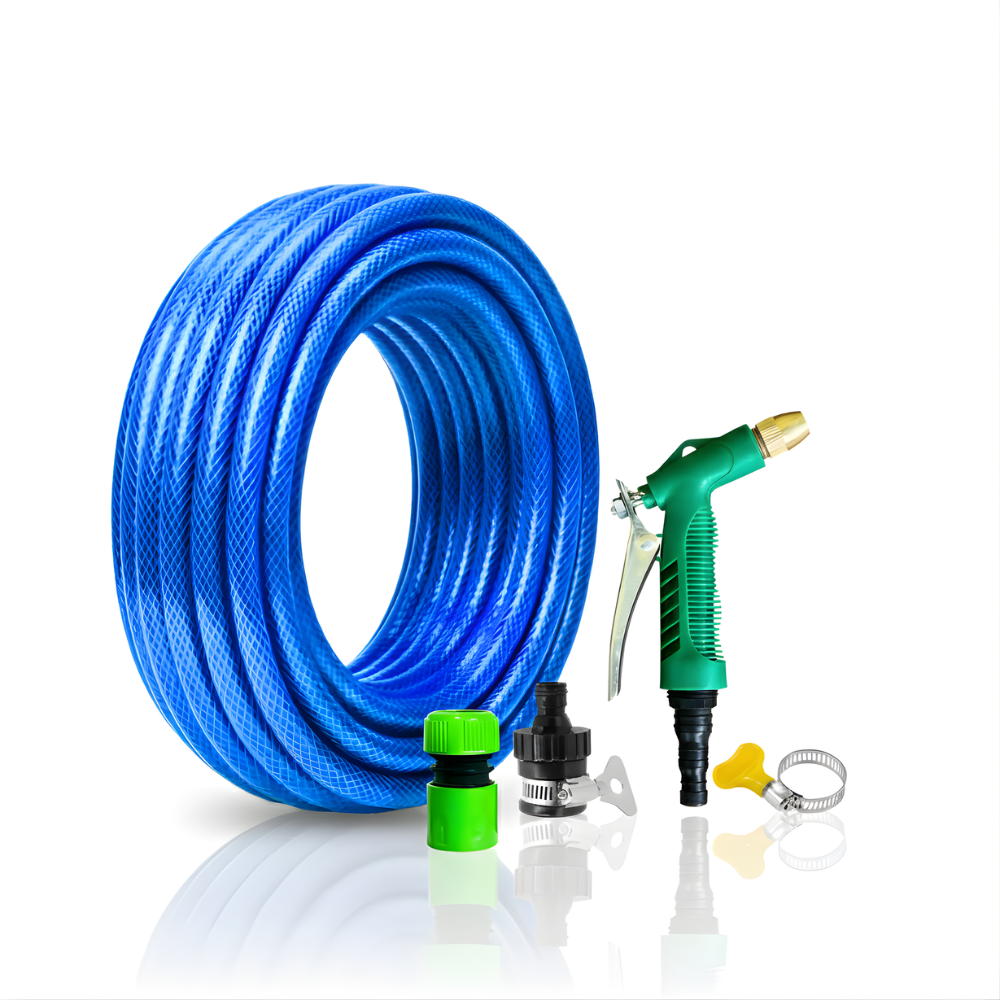 Paket Selang Air Serat Benang Biru SSBO ½ & ⅝ Inch – Water Gun Nozzle, 2 Konektor & Fitting Lengkap