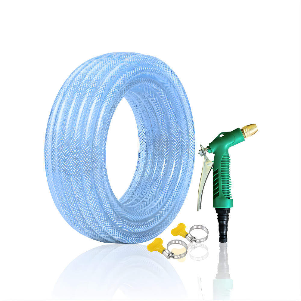 Paket Selang Air Serat Benang Transparan SSBO ½”, ⅝”, ¾” – Dilengkapi Nozzle Semprotan 4 Mode 2 Klem, Tahan Tekanan & Siap Pakai