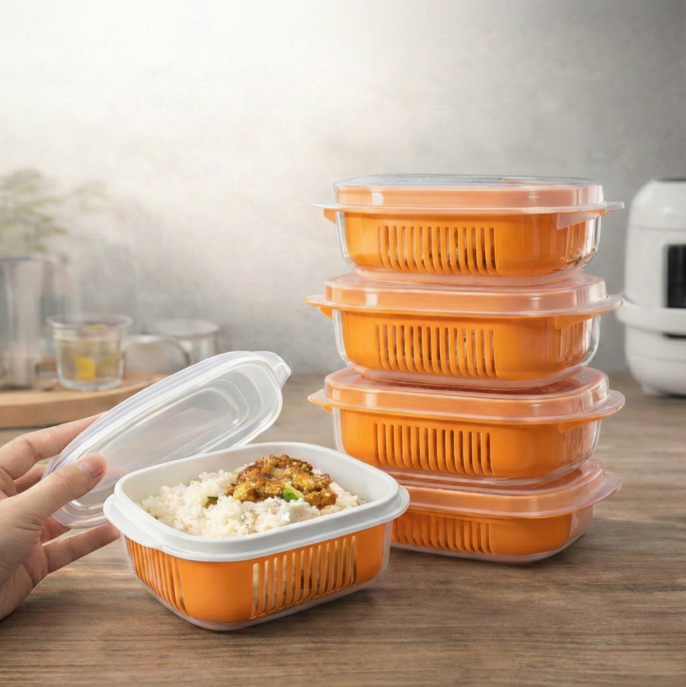 Kotak Penyimpan Makanan Serbaguna dengan Saringan – Warna Orange, Kedap Udara & Praktis (Food Organiser)