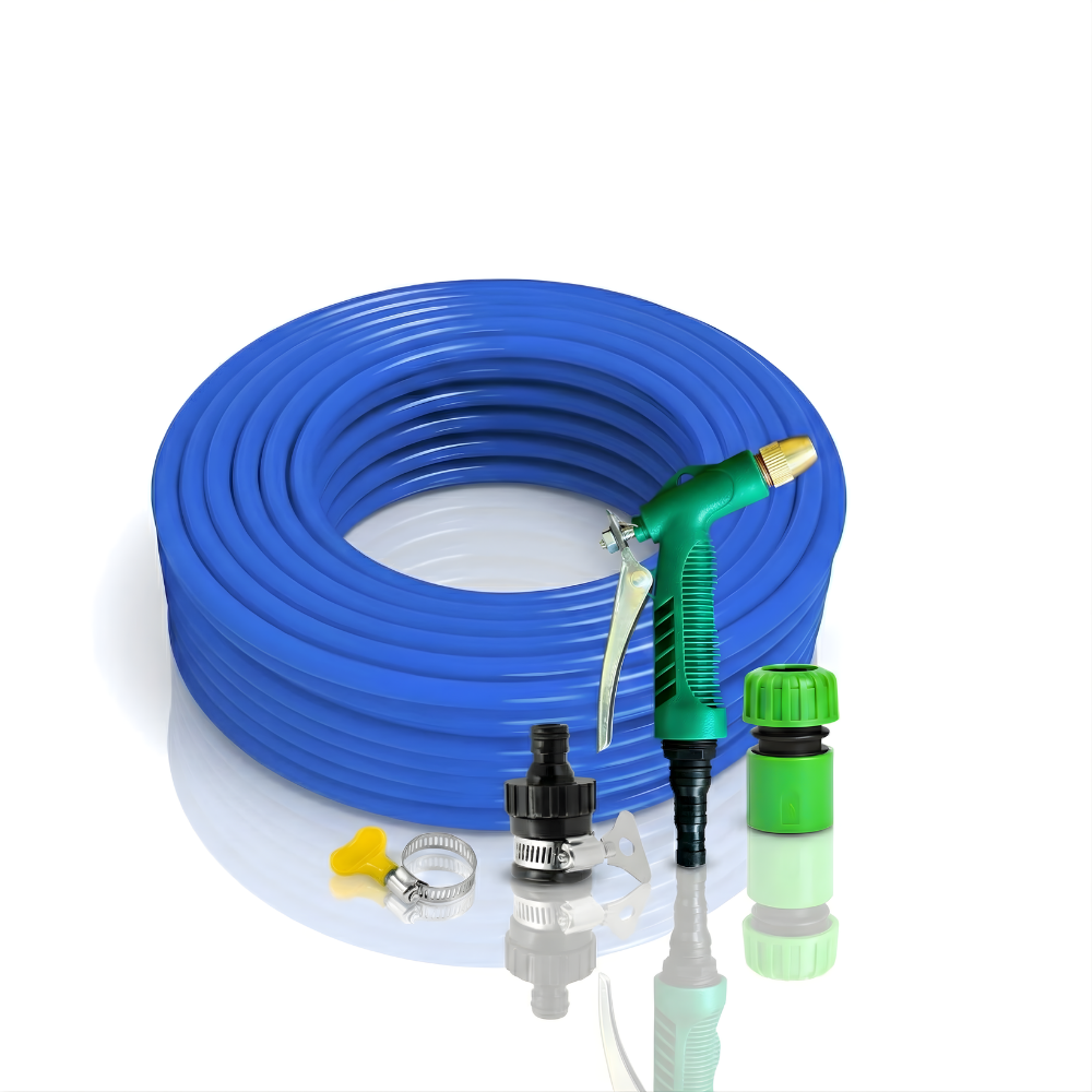 Selang Air Elastis 1 mm SSBO ½, ⅝ & ¾ Inch + Water Gun Nozzle, 2 Konektor & Fitting Lengkap  Fleksibel, Kuat & Siap Pakai