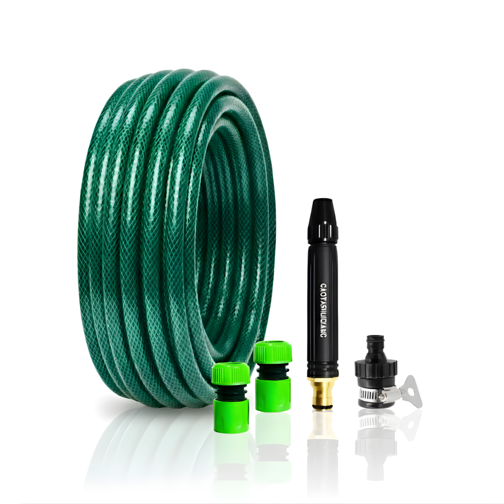 Selang Air PVC Serat Benang Hijau ½, ⅝, ¾ Inch SSBO + Nozzle Stick & Aksesoris Lengkap – Kuat, Fleksibel & Siap Pakai