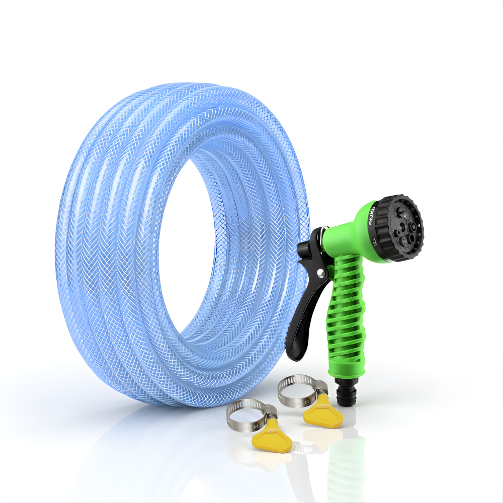 Selang Air PVC Serat Benang Transparan SSBO ⅝ & ¾ Inch – Nozzle Semprotan 7 Mode + 2 Klem, Kuat, Fleksibel & Siap Pakai